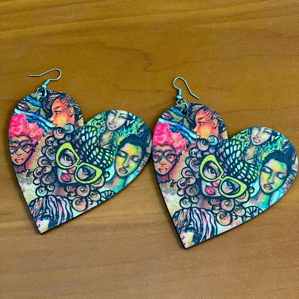 Colorful Wooden Heart Shaped Earrings